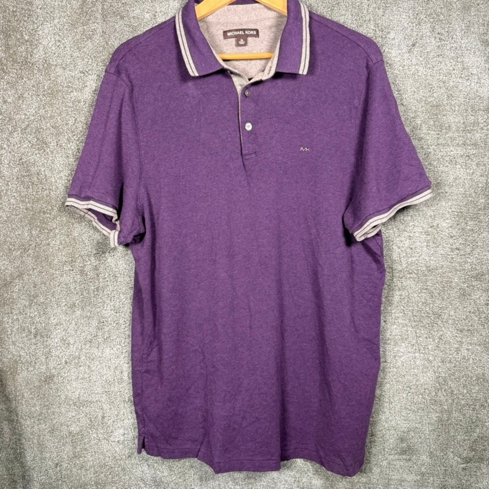 Michael Kors Mens XL Purple Tipped Short Sleeve Cotton Polo MK Logo